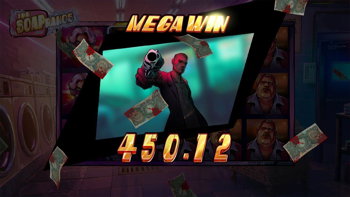 Soapranos me win screen features one of the mafia guys pointing a gun at you and in the surrounding bloodstained money is flying