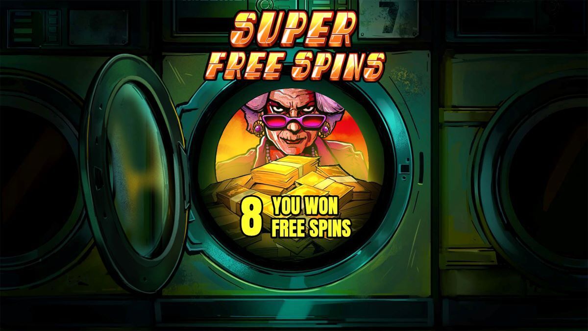 Soapranos intro screen to super free spins features the female mafia boss inside a washing machine