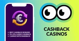 the text cashback casinos in black to the right and on the left is a purple mobile screen with euro sign and arrows and bullet points about cashback bonuses