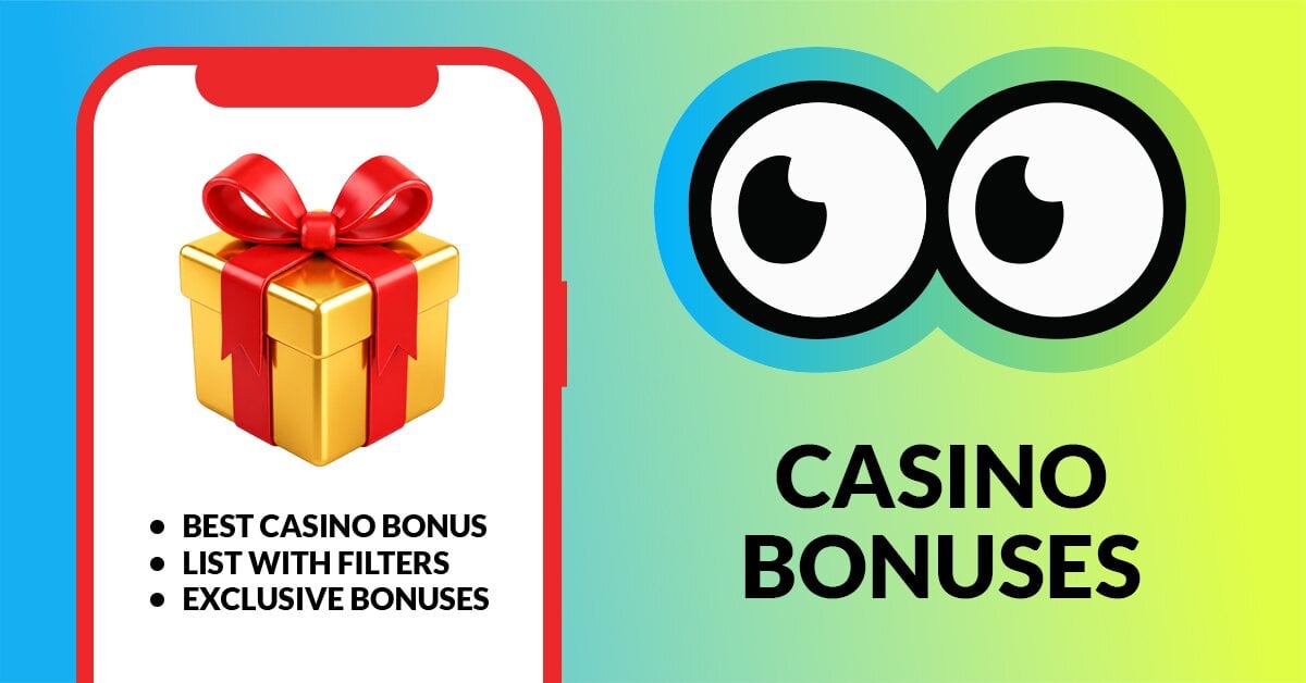 the text casino bonuses to the right and to the left is a golden gift box with a red ribbon on a mobile screen