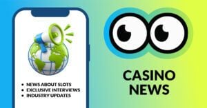 Slotsoo casino news page is illustrated by a globe and a megaphone, and covers news about slots, exclusive interviews and industry updates.