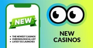 New casinos under Slotsoo's watchful eyes. In the image is a mobile screen with a green banner with the text new and under it shows 3 bullet points: the newest casinos, chronological list, and latest eu launches