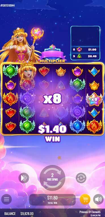 princess of elements free spins feature includes win multiplier