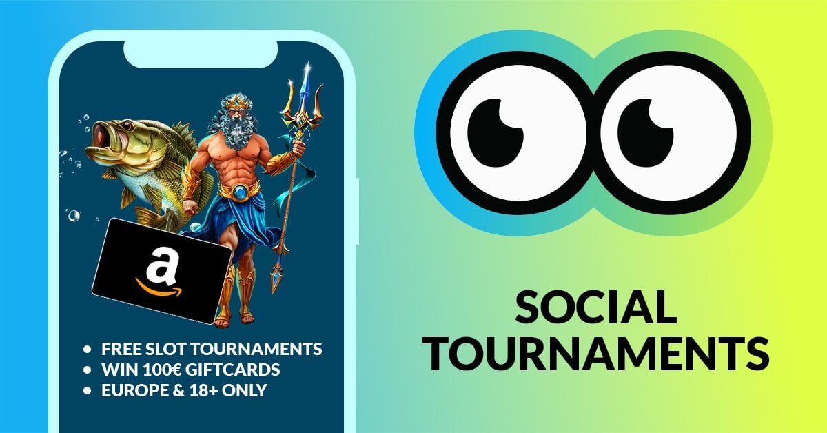 Slotsoo social tournaments is illustrated by a mobile screen with a greek god, a big fish and an amazon gift card. Under the image is the text specifying that the free slot tournaments where you can win 100€ gift cards are open for europe and 18+ only.